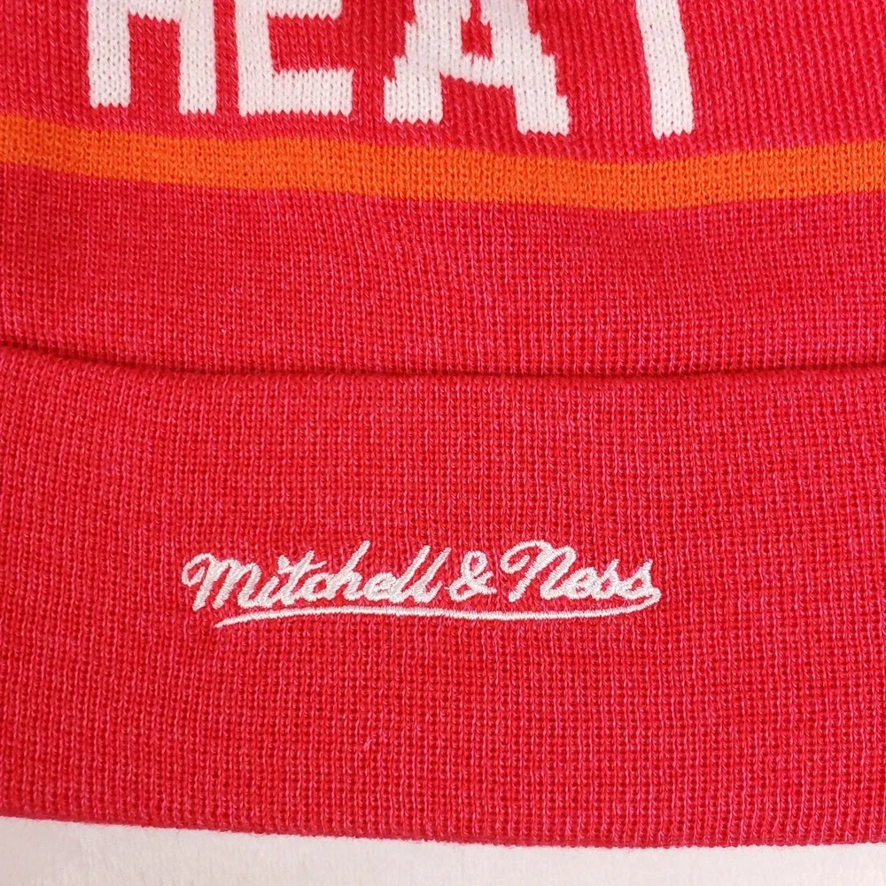 Miami Heat Mitchell & Ness NBA Cuff‎ Knit Beanie Pom Hat Cap Bright Red NWT